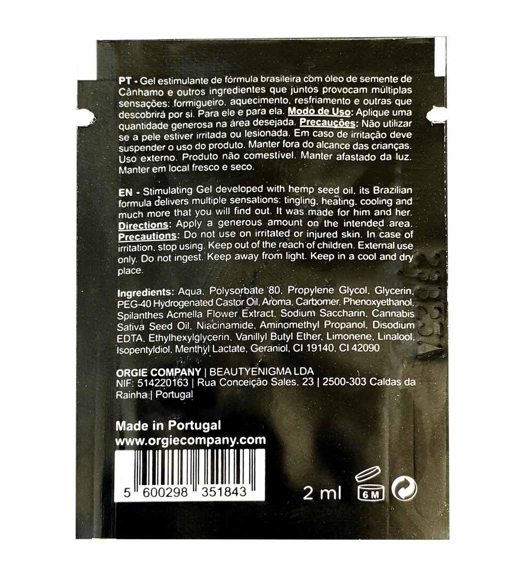 Чорний тюбик Orgie Hemp Intense Orgasm 2мл із зеленими та білими написами на білому фоні