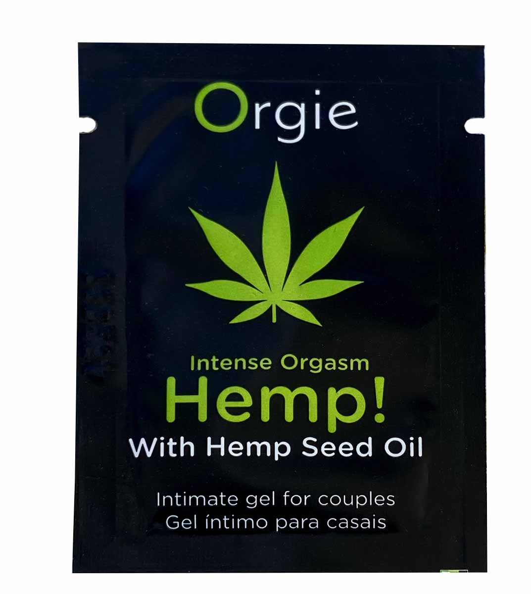 Зелений тюбик Orgie Hemp! Intense Orgasm 2 мл з білими написами на чорному фоні