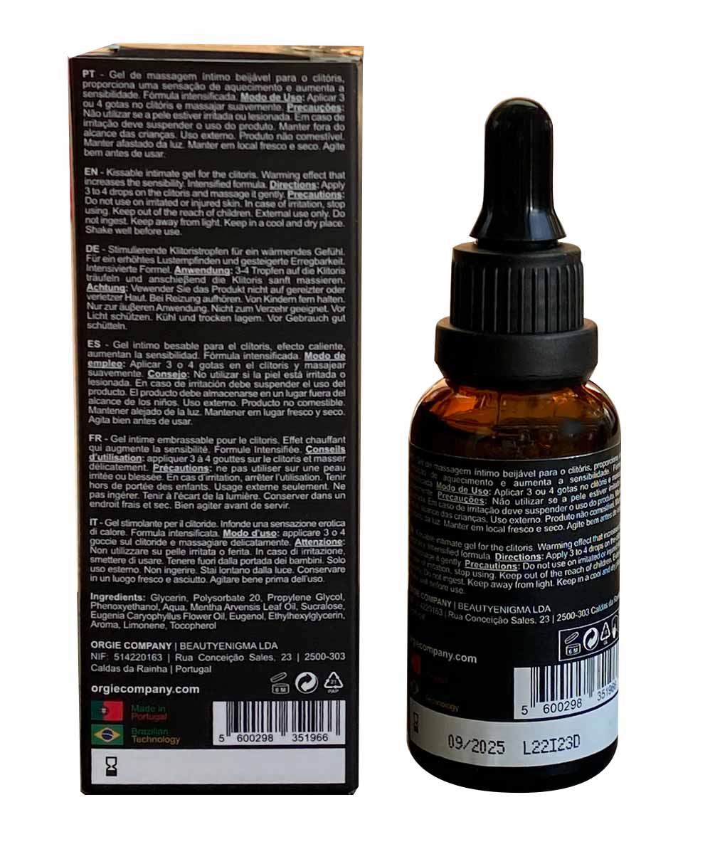 Чорний флакон Orgie Orgasm Drops Intense 30мл із рожевим написом та сріблястою кришкою