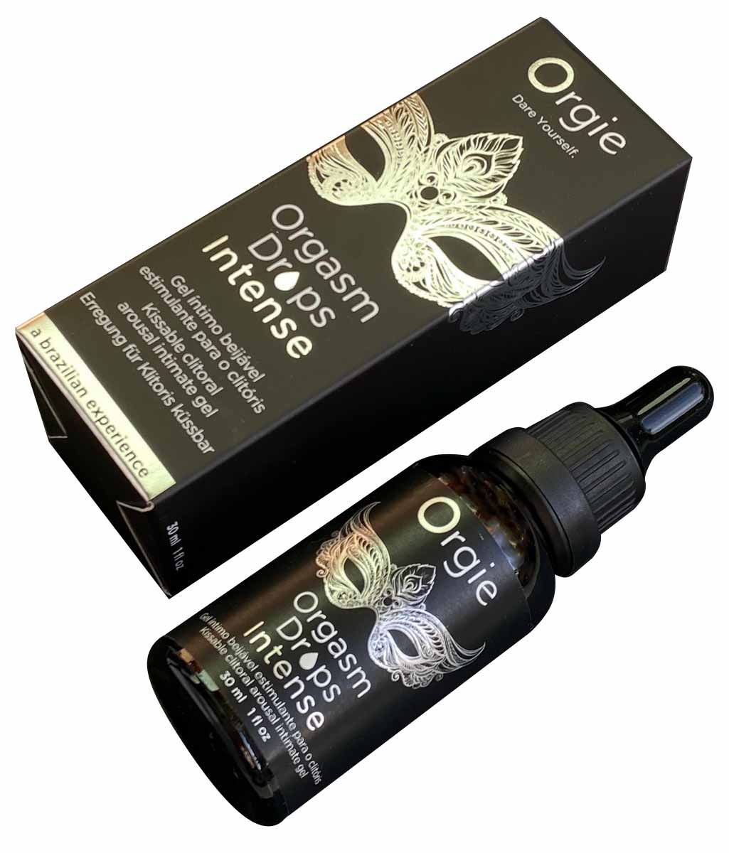 Чорний флакон Orgie Orgasm Drops Intense 30 мл із рожевим написом та малюнком краплі