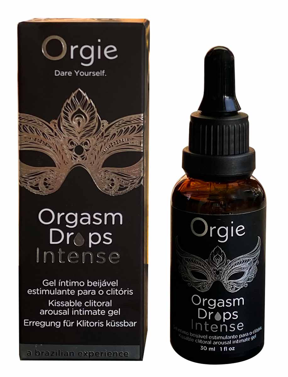 Чорний флакон Orgie Orgasm Drops Intense з рожевими та білими написами, об’єм 30 мл