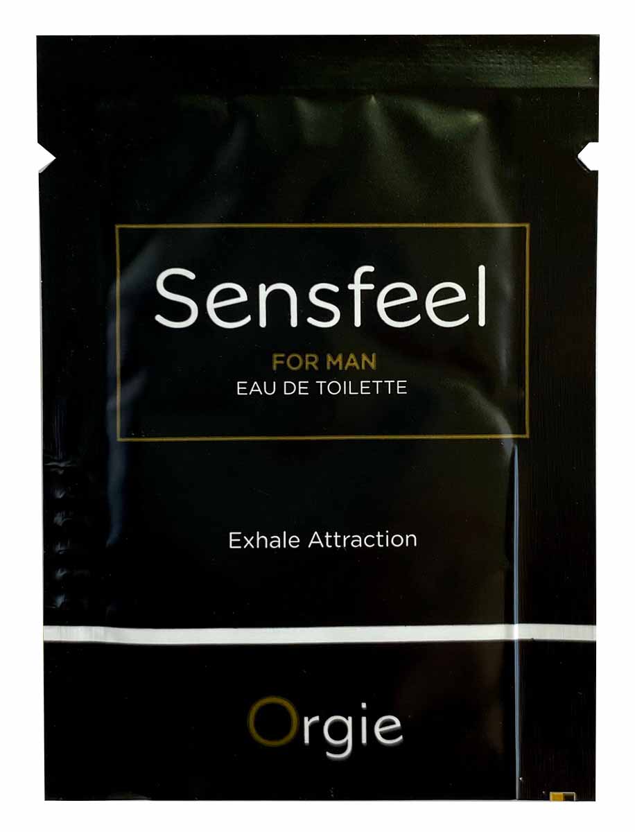 Черная глянцевая упаковка Orgie SENSFEEL for Man 1мл с золотыми и белыми надписями