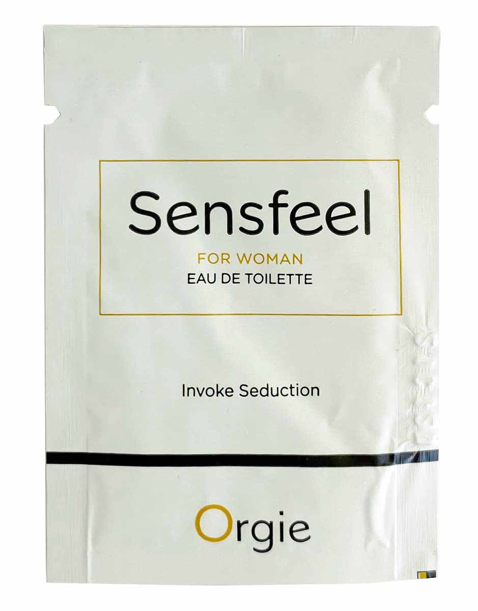 Черная глянцевая упаковка Orgie SENSFEEL for Woman 1мл с золотыми и розовыми элементами