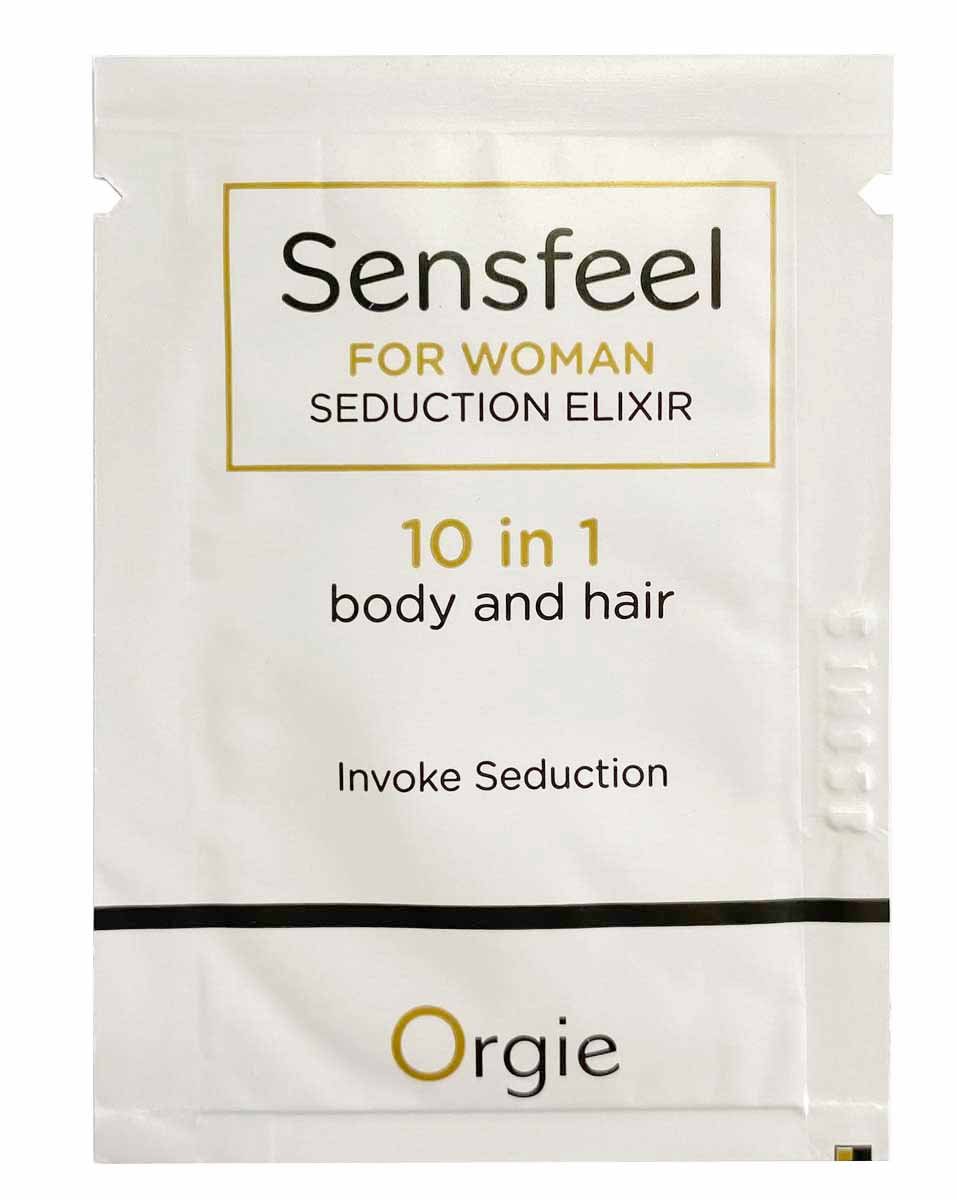 Фиолетовый флакон Orgie SENSFEEL Seduction Elixir 2мл с золотистой крышкой на белом фоне