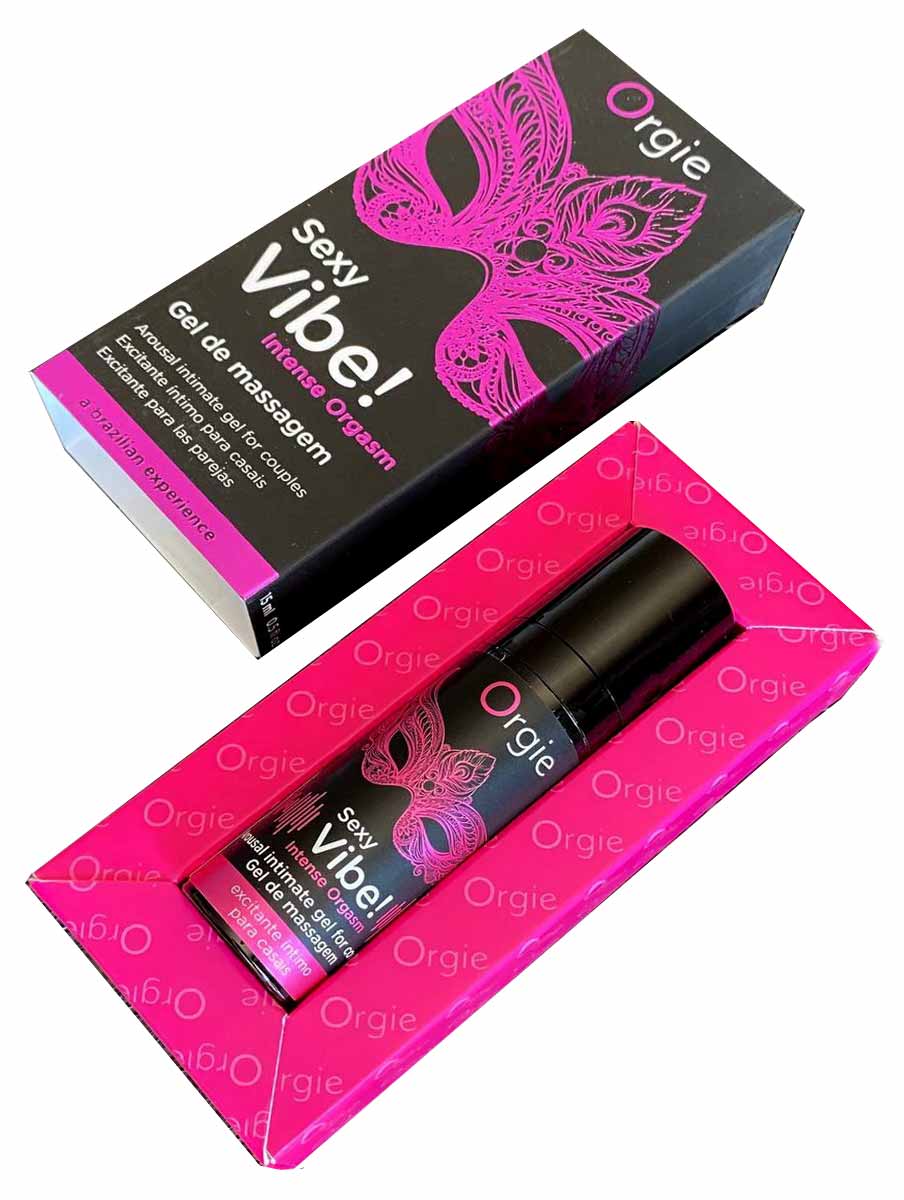 Чорний флакон Orgie Sexy Intense Orgasm 15мл із золотими написами на білому фоні