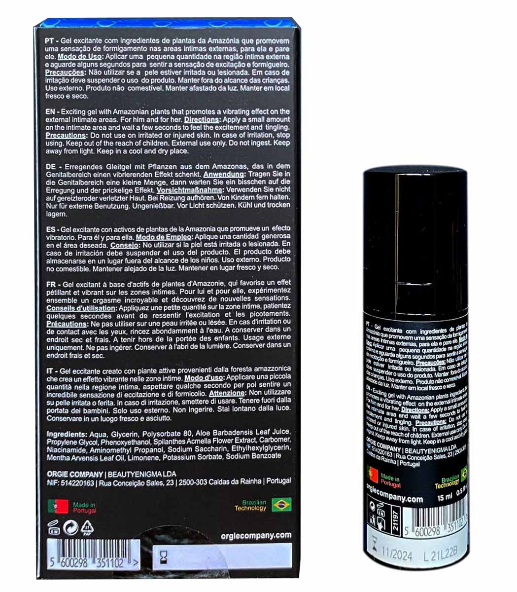 Чорний флакон Orgie Sexy Vibe 15 мл з рожево-золотистим написом на білому фоні