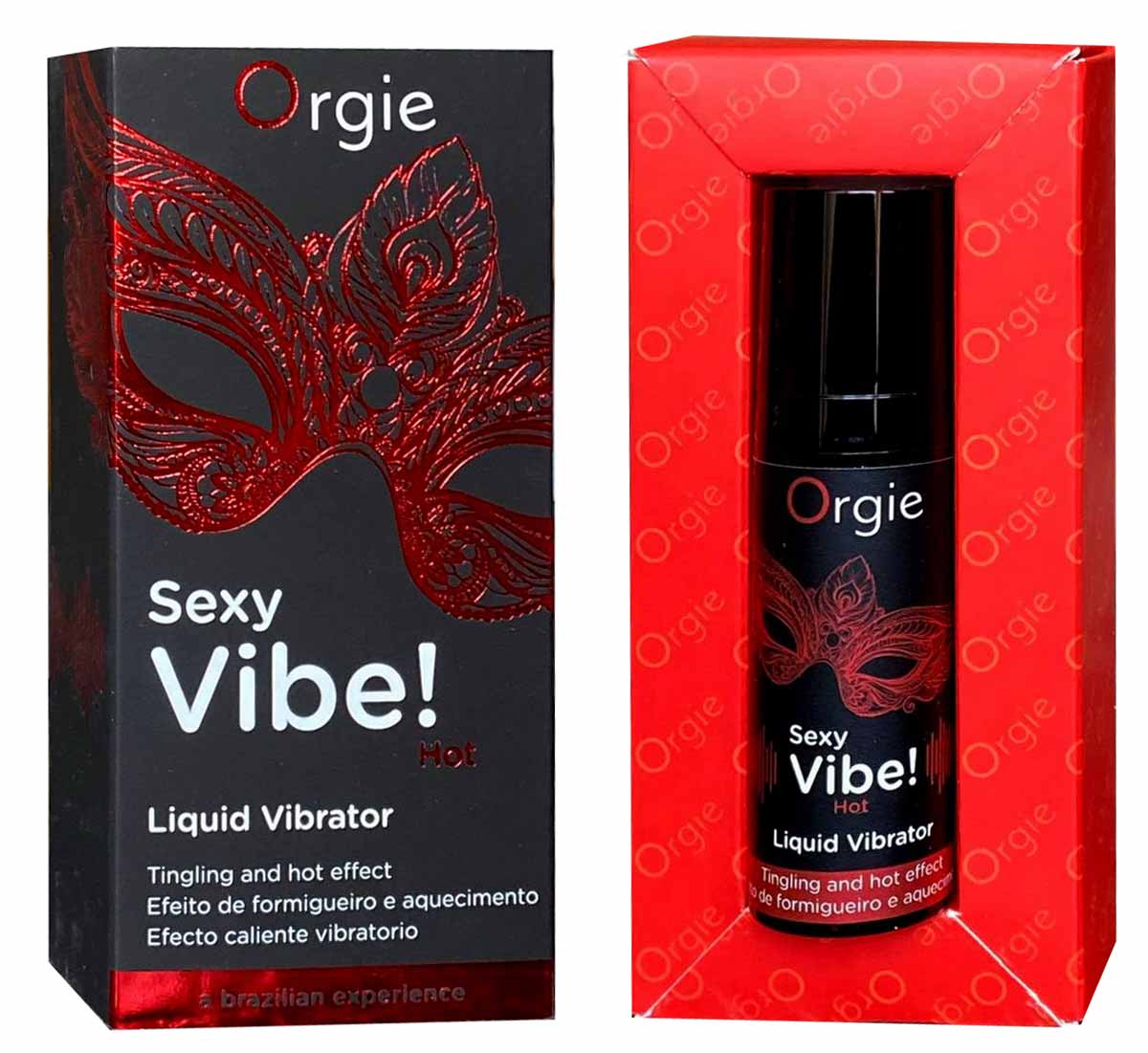 Чорний флакон Orgie Sexy Vibe! Hot 15мл з рожевими і жовтими акцентами, напис англійською