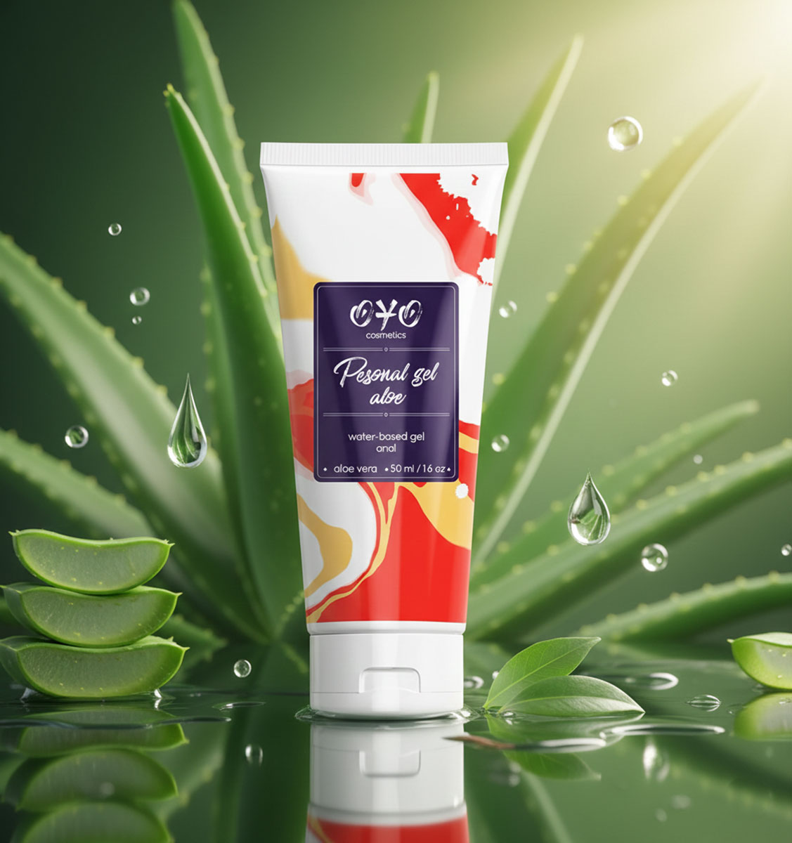 Прозрачный флакон с зеленой крышкой OYO Personal gel Aloe 50мл на белом фоне