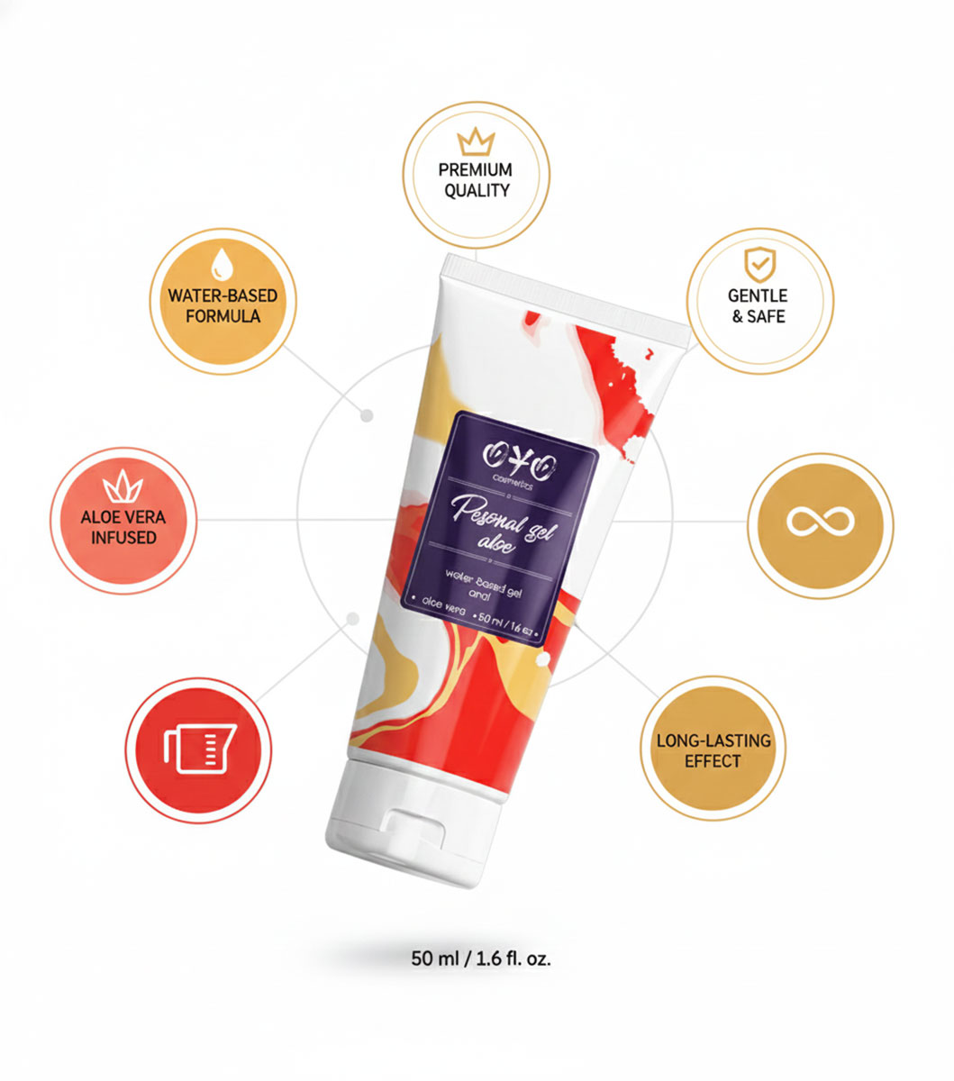 Зеленый тюбик OYO Personal gel Aloe 50мл с алое на белом фоне