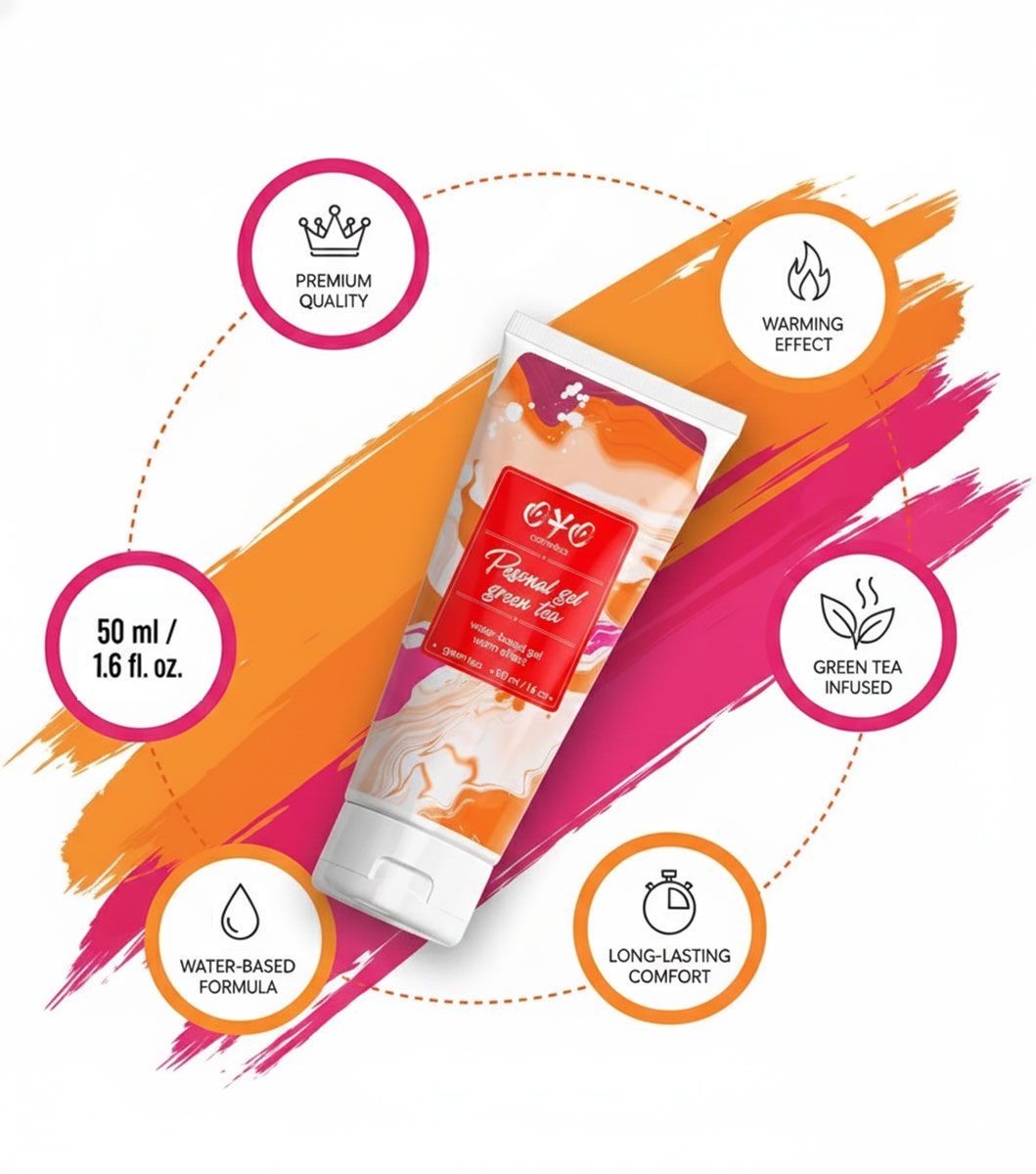 Зеленый пластиковый флакон OYO Personal gel Green Tea 50мл с белой крышкой и зелёной этикеткой