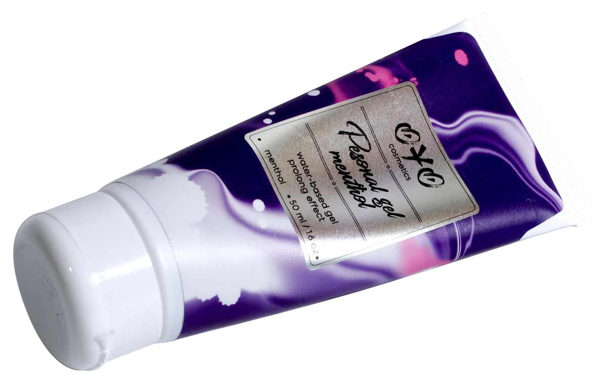 Прозрачный флакон сине-зеленого геля OYO Personal gel Menthol 50мл с охлаждающей надписью