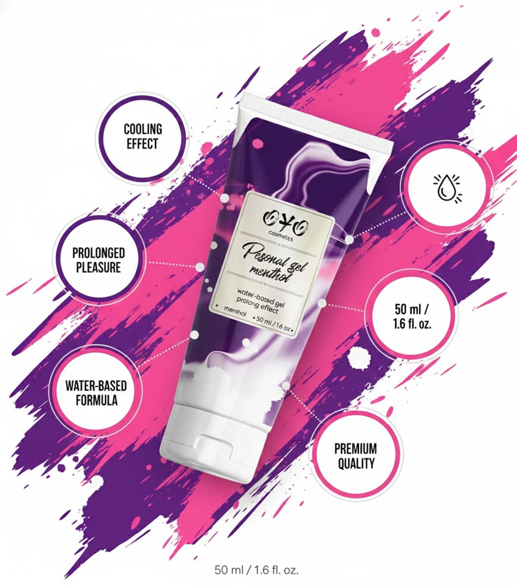 Прозрачный флакон с гелем OYO Personal Menthol 50 мл, голубой колпачок, английский текст