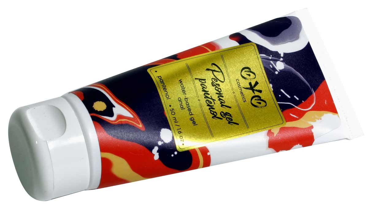 Білий тюбик OYO Personal gel Pantenol 50мл з помаранчевими та синіми елементами дизайну