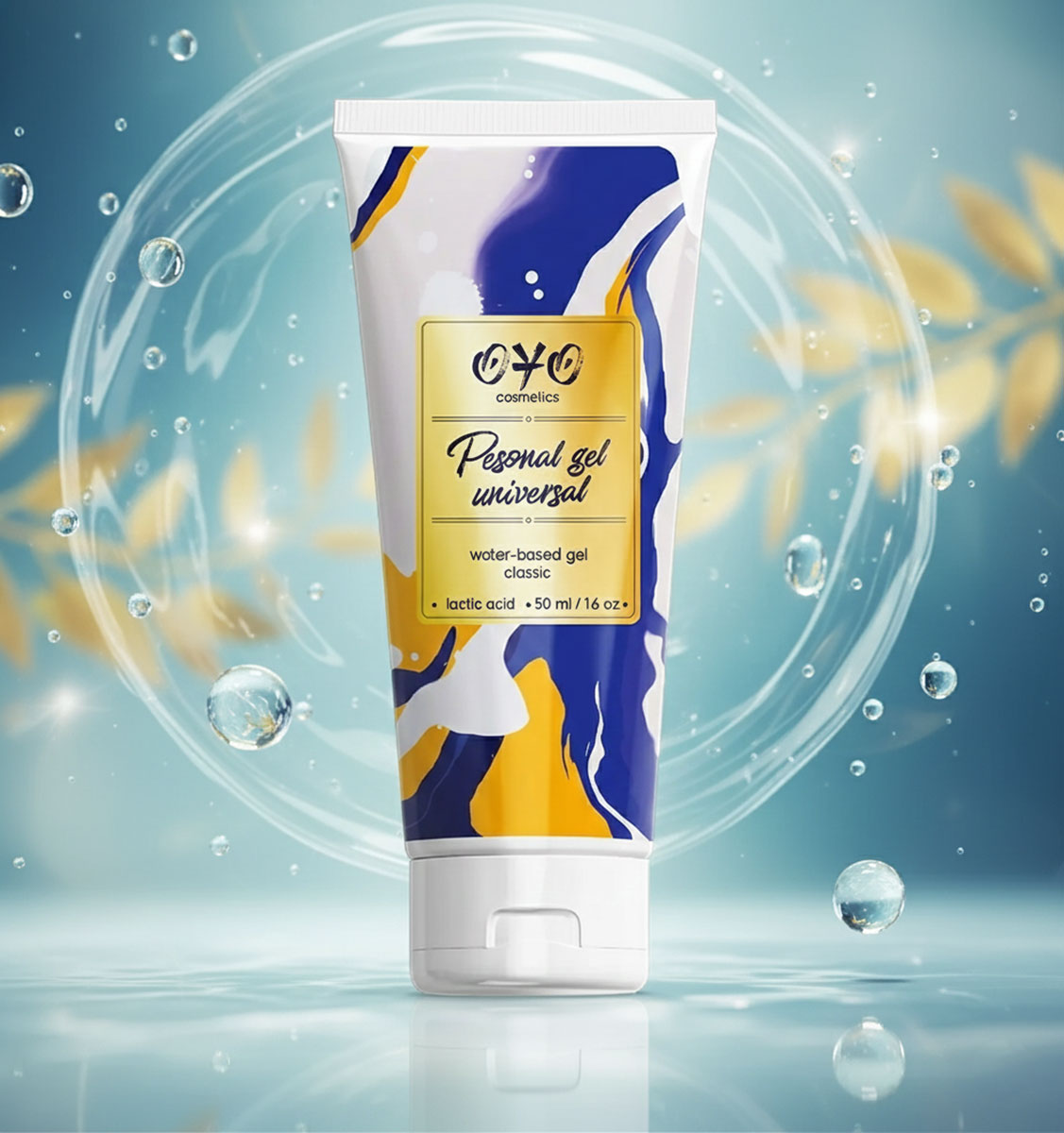 Прозрачный флакон с голубой крышкой OYO Personal gel Universal 50мл на белом фоне