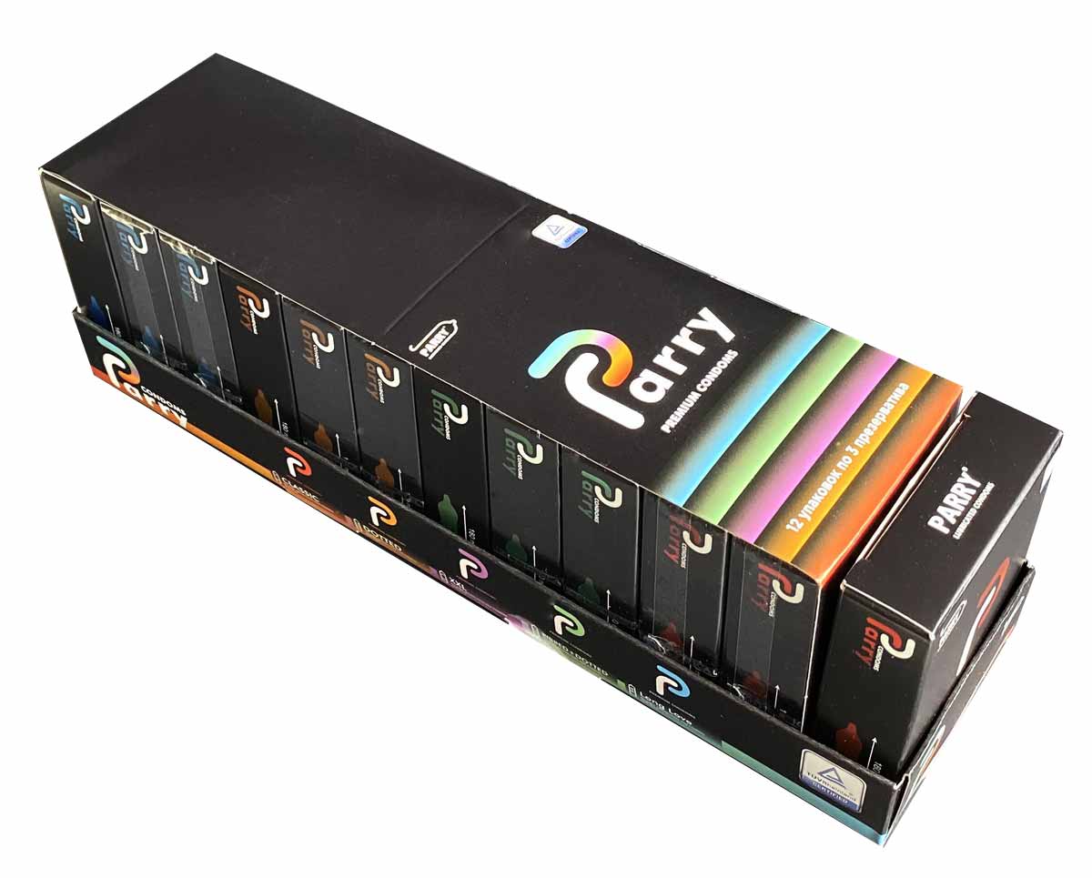 Цветные коробки Parry с разными видами презервативов, надписи и количество 36 штук