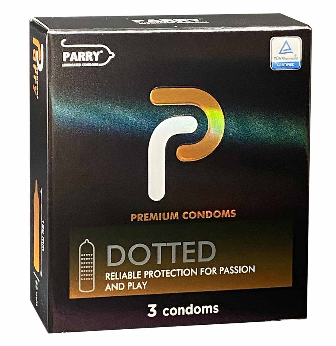 Разноцветные коробки презервативов Parry четырех видов с надписями и количеством 36