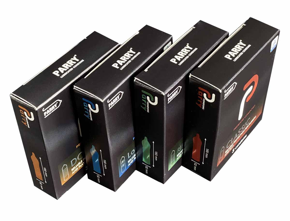 Несколько разноцветных коробок презервативов Parry с разными видами и количеством 36 штук