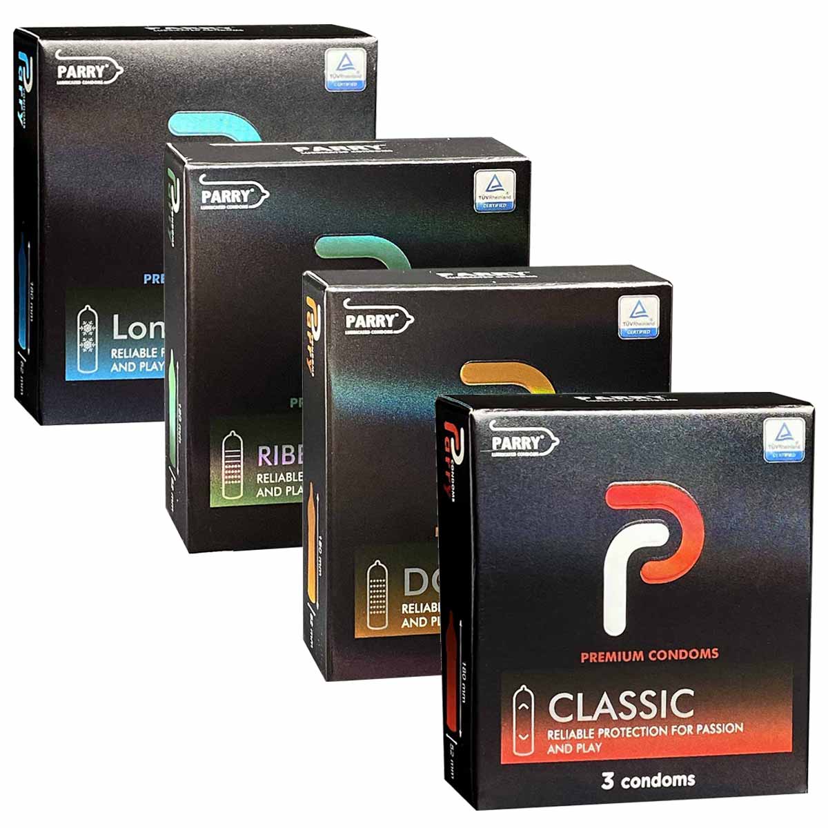 Несколько разноцветных коробок презервативов Parry Mix 12 с разными вариантами упаковки