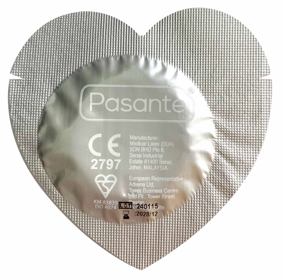 Червона квадратна упаковка Pasante Hearts з білим серцем та написом, 1 презерватив