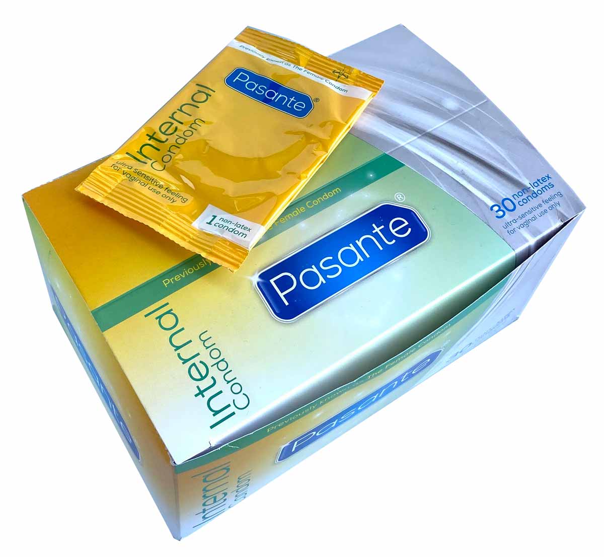 Дві упаковки жіночих презервативів Pasante Female Condom у синьо-білій коробці, 10 штук