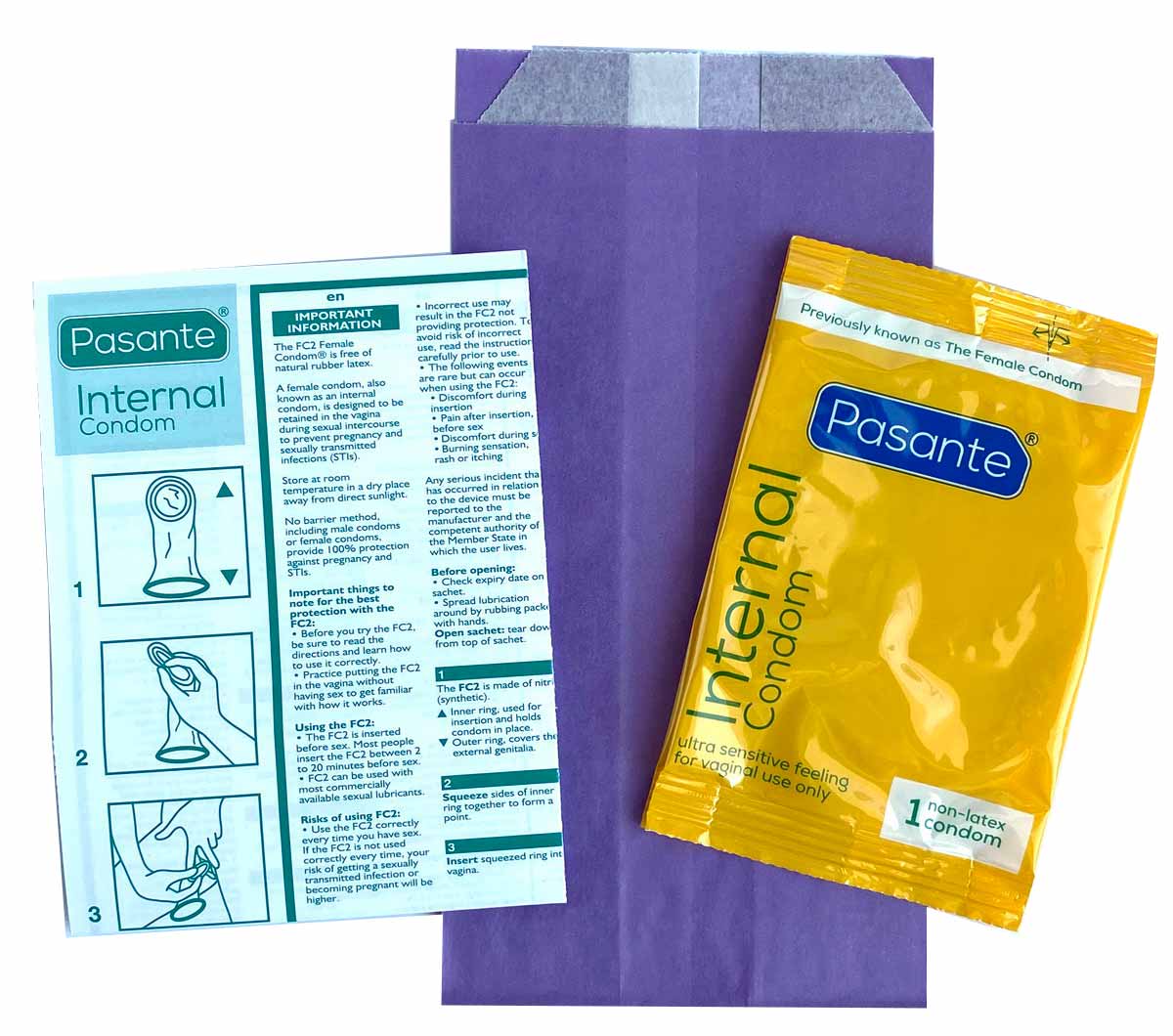 Білий фон, дві коробки Pasante Female Condom з фіолетовим та рожевим оформленням, 10 штук