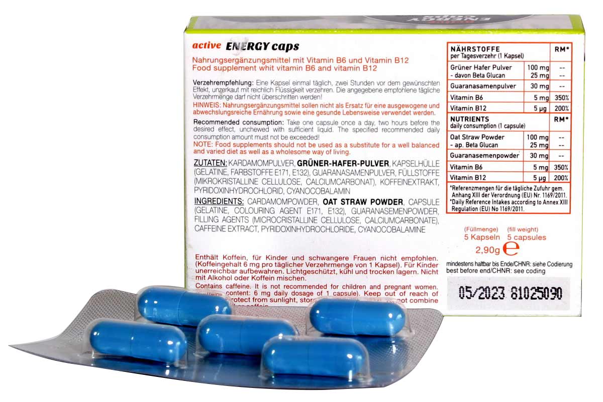 Біло-зелена коробка ERO Energy Caps, 5 капсул, англійський текст на лицьовій стороні