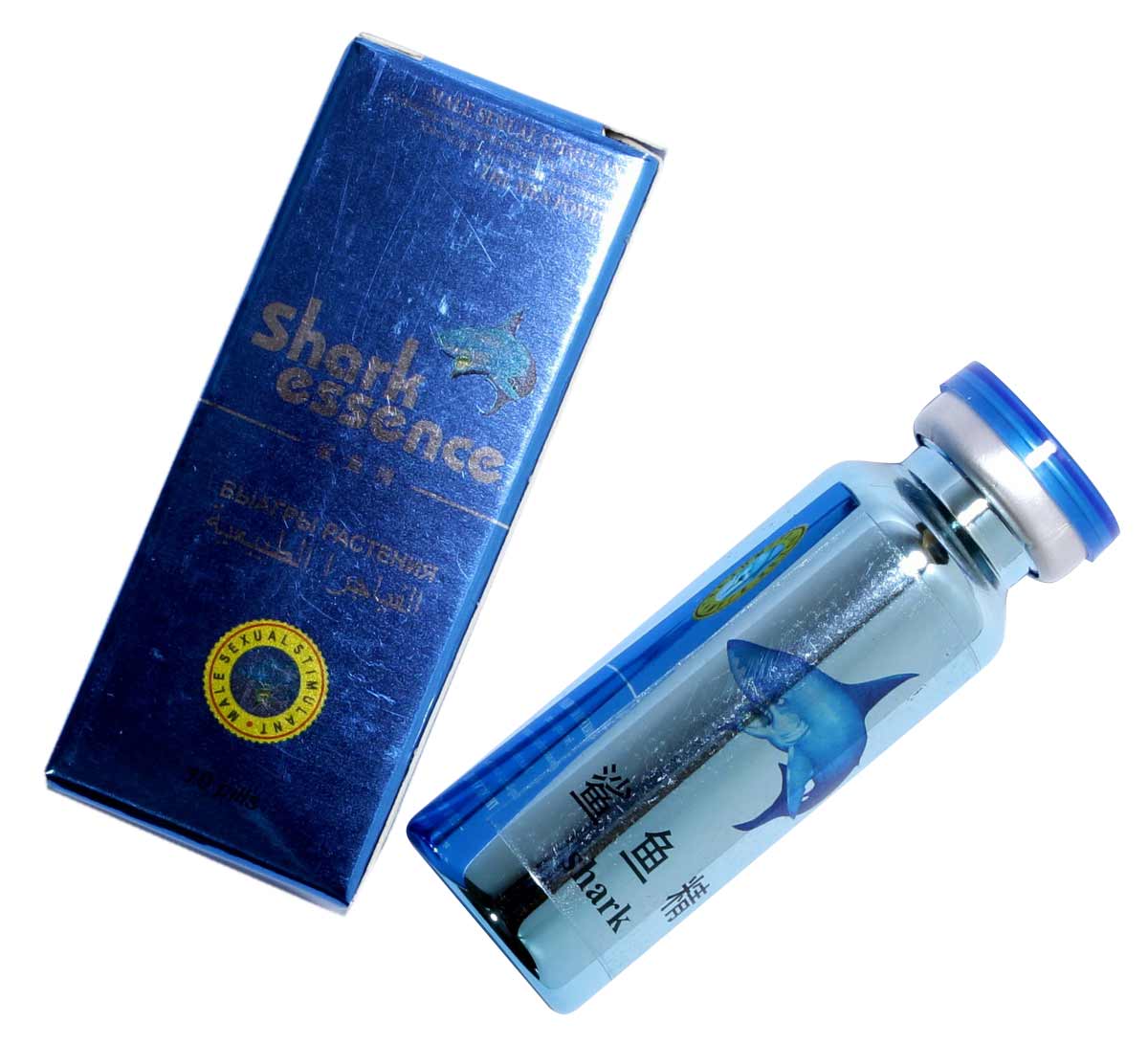 Чорна упаковка Shark Essence з синім написом і зображенням акули, 10 капсул