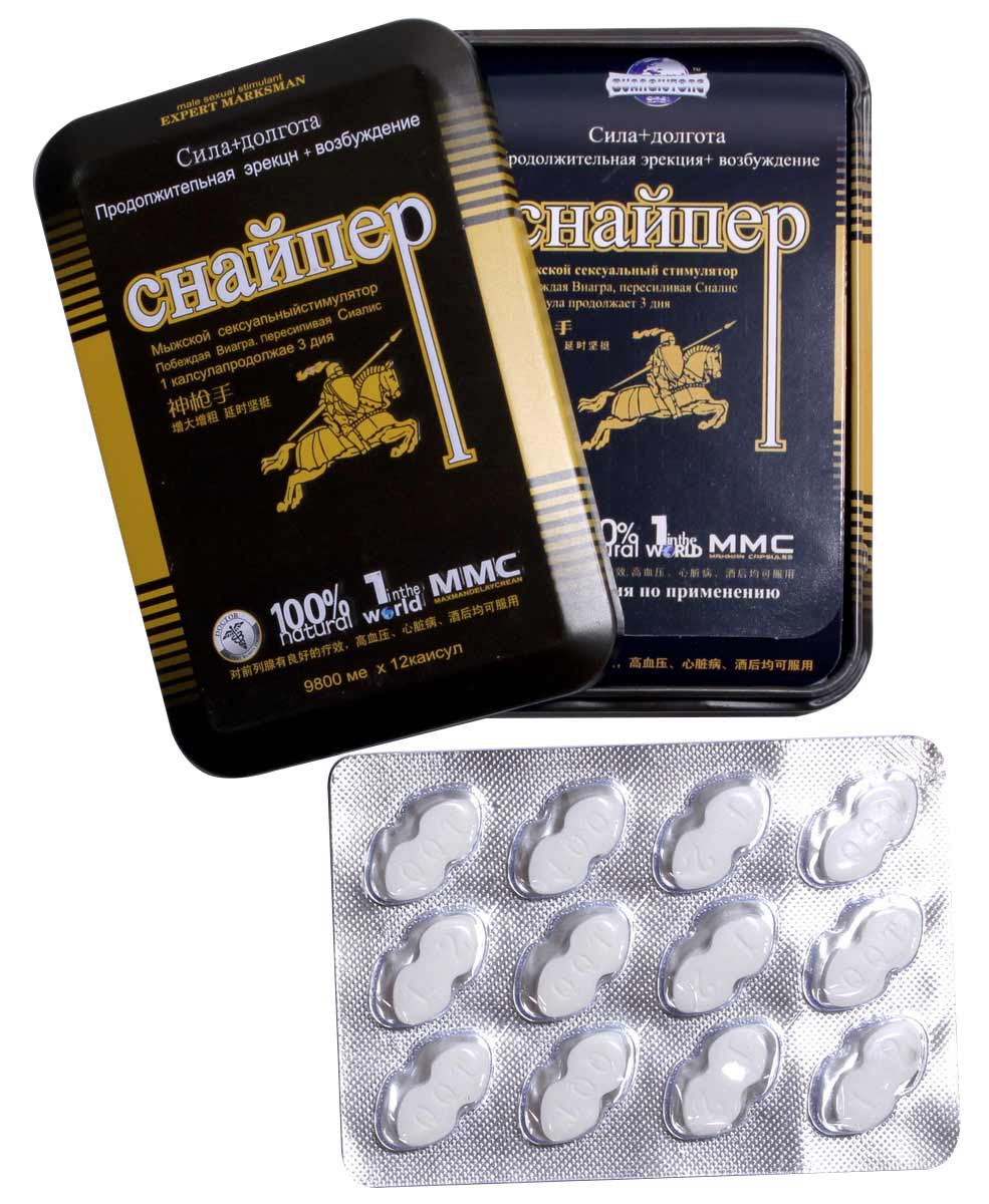 Синя картонна упаковка з написом Снайпер 12 таблеток для чоловіків