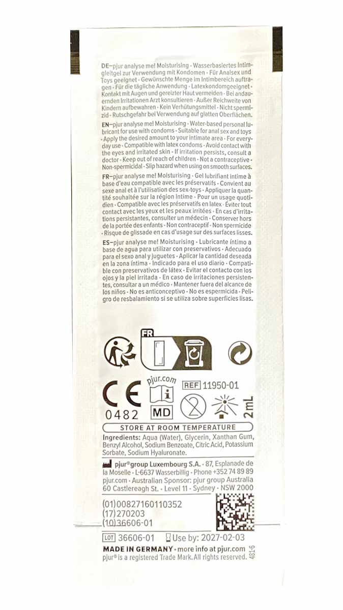 Серый тюбик PJUR analyse me! Comfort 2мл с желтыми и белыми элементами на белом фоне