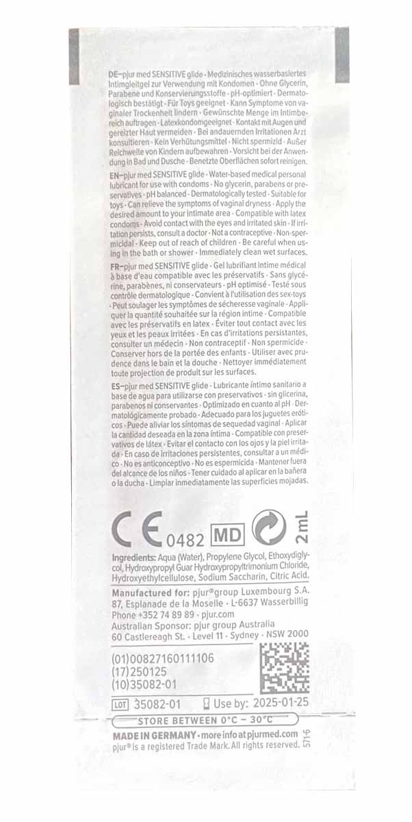 Белый сашет с голубой полосой и логотипом pjur med sensitive, объем 2 мл