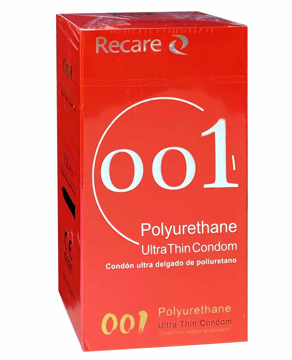 Білий поліуретановий презерватив Recare 0.01 на синьо-білій упаковці 1 шт