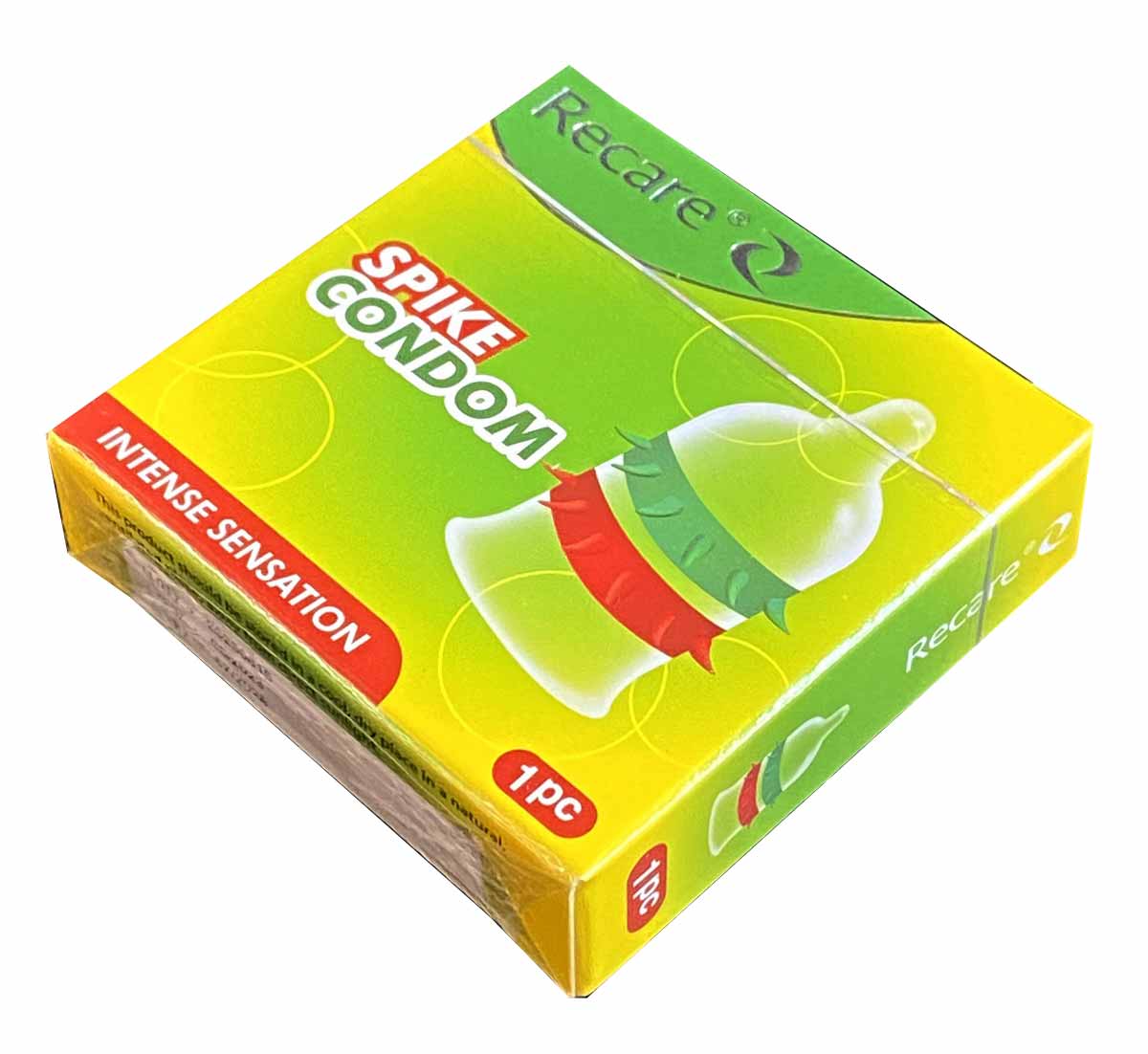 Зеленая упаковка презерватива Recare Intense с надписью и изображением усиков, 1 штука