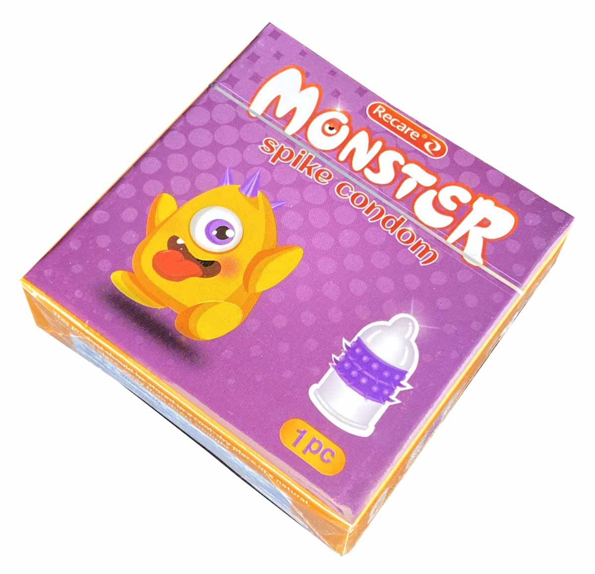Фиолетовая упаковка Recare Monster Violet Boo с изображением презерватива и усиками, 1 шт