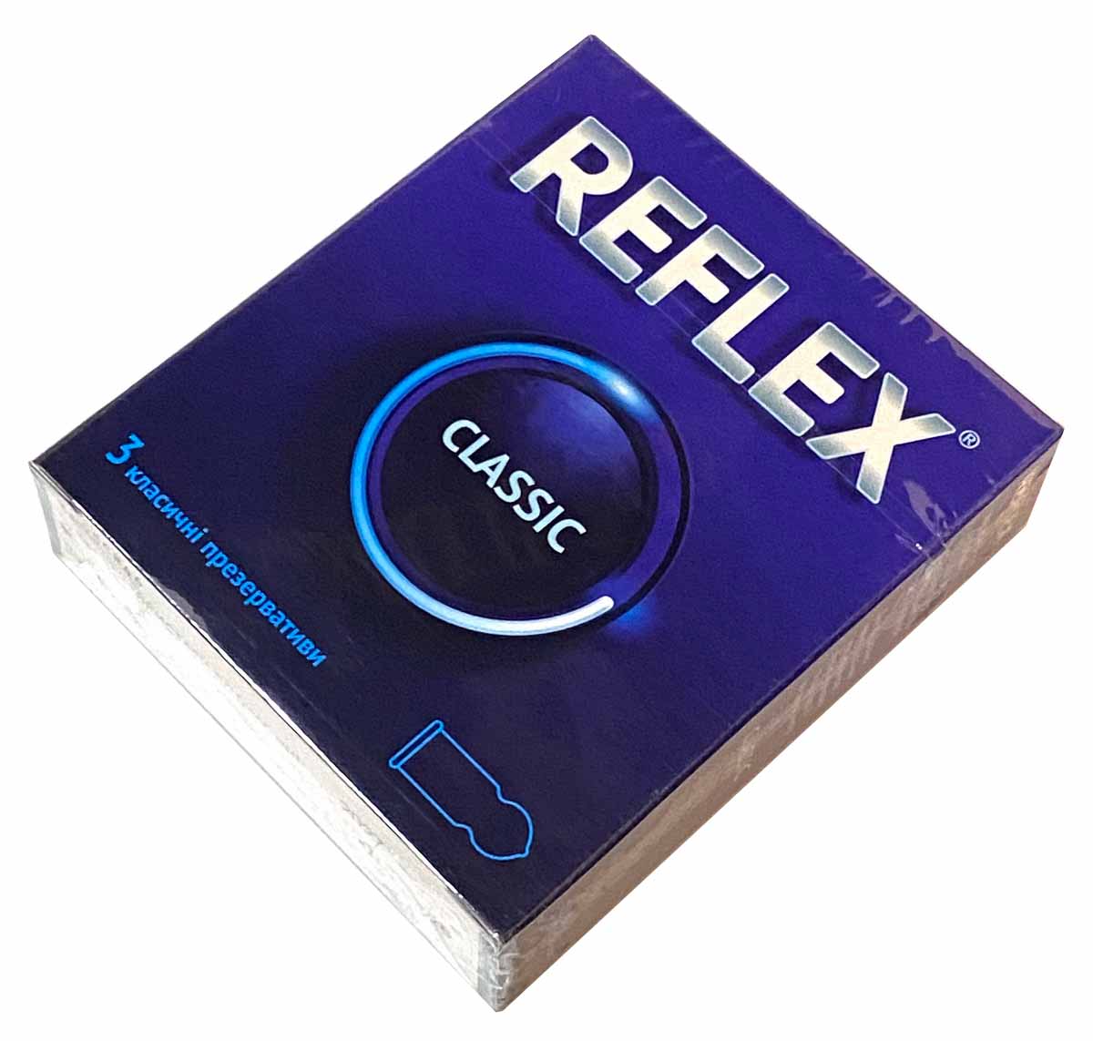 Синий фон, белая и серебристая коробка Reflex Classic 3 презерватива