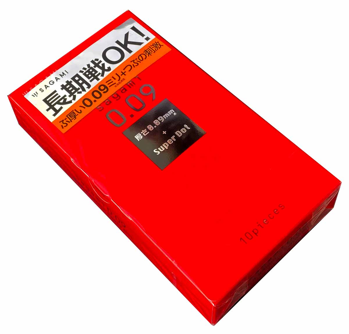 Белая упаковка с синими и красными надписями SAGAMI 0.09mm Dot 10 шт на японском языке