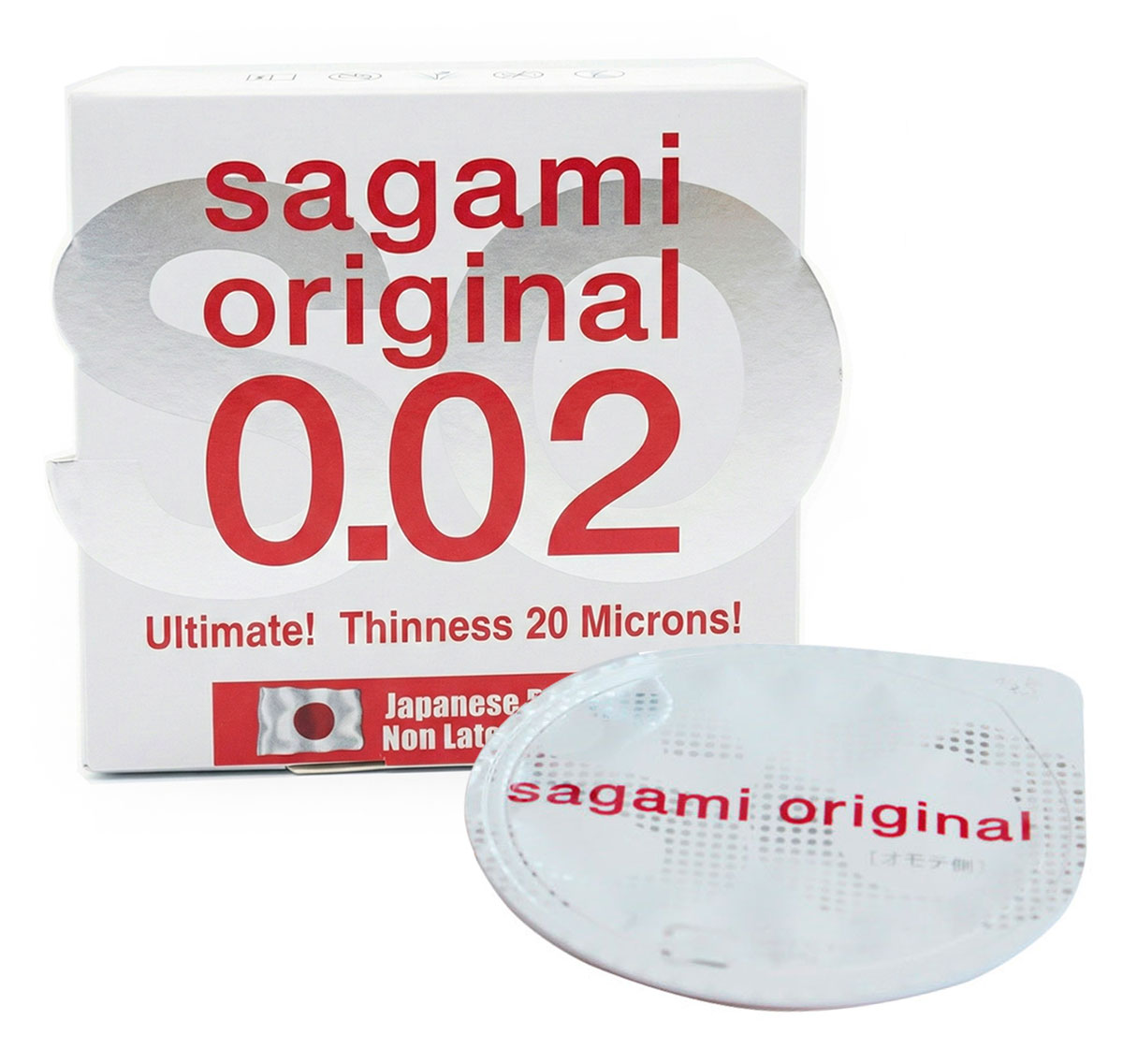 Білий поліуретановий пакетик Sagami Original 0.02 з червоним логотипом, 12 штук