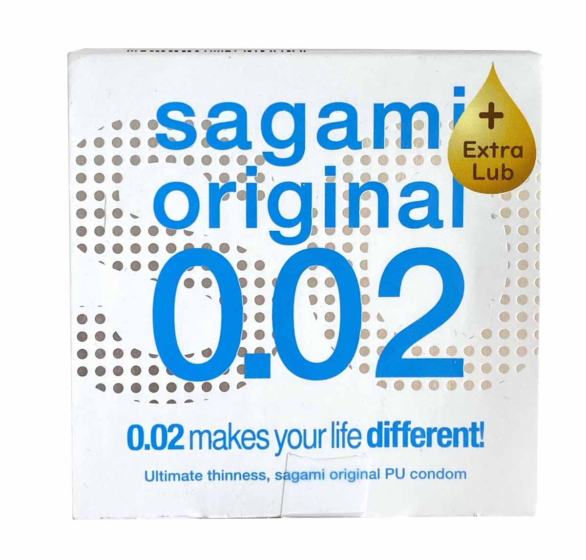 Белая коробка с надписью Sagami Original 0.02, 10 презервативов, экстра лубрикант