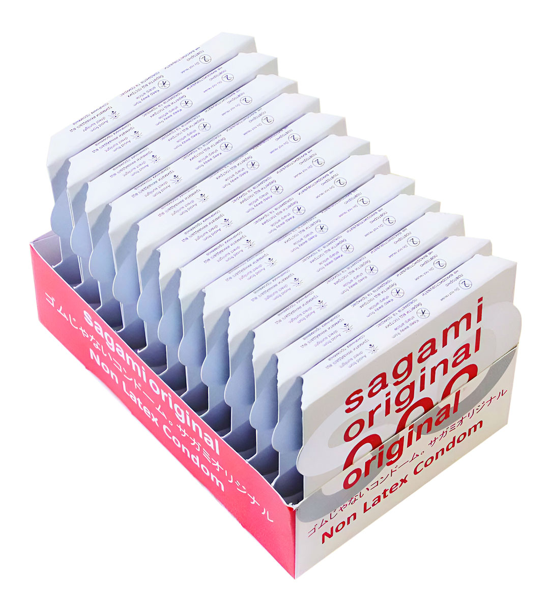 Білий блок з 12 окремих упаковок Sagami Original 0.02 поліуретанових презервативів