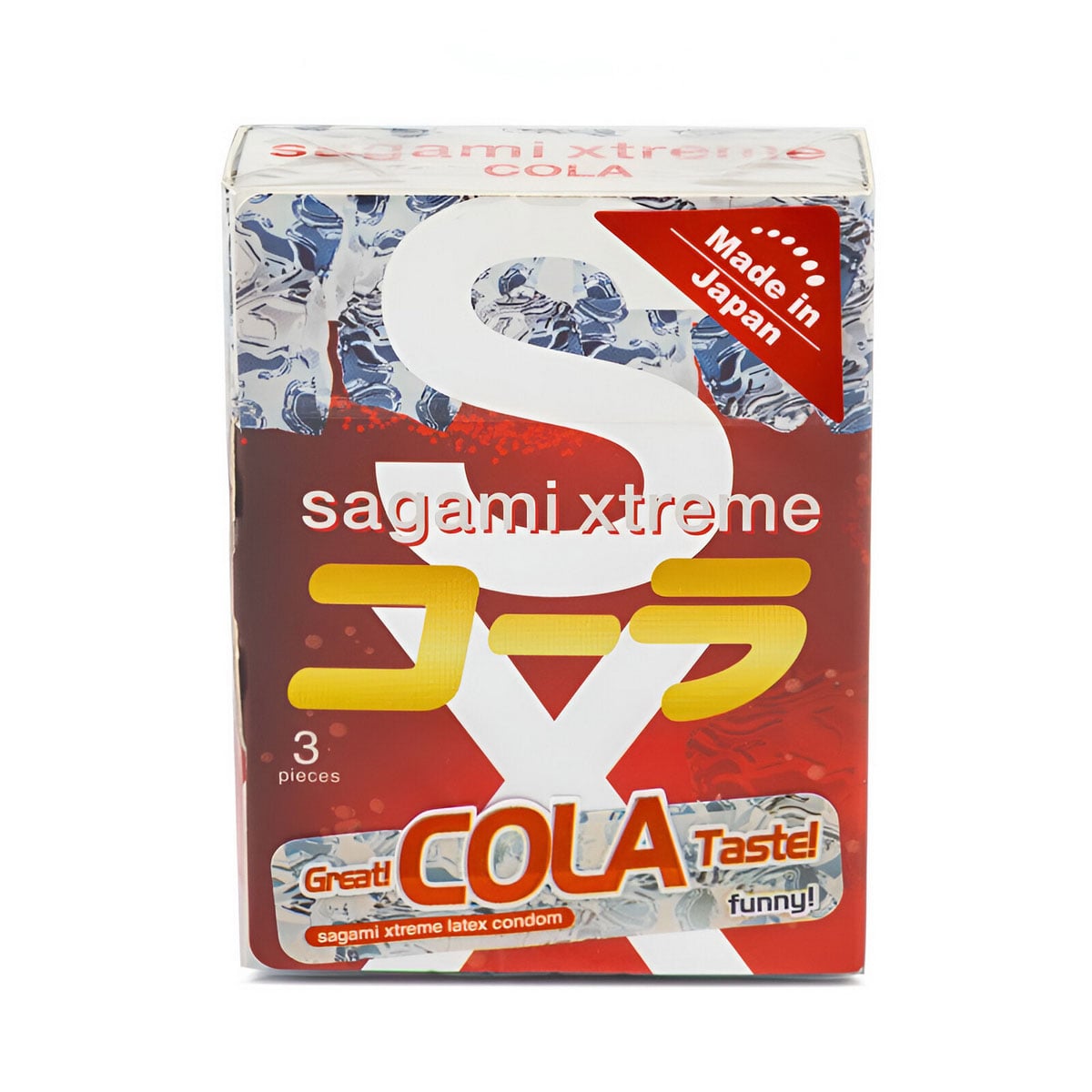 Ярко-красная коробка Sagami Xtreem Cola с тремя презервативами и надписью Cola