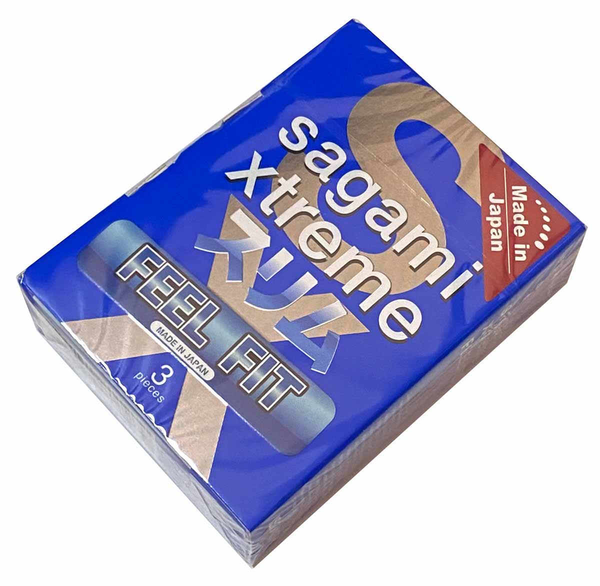 Срібляста коробка Sagami Xtreme FEEL FIT 3шт з синіми елементами та написами японською
