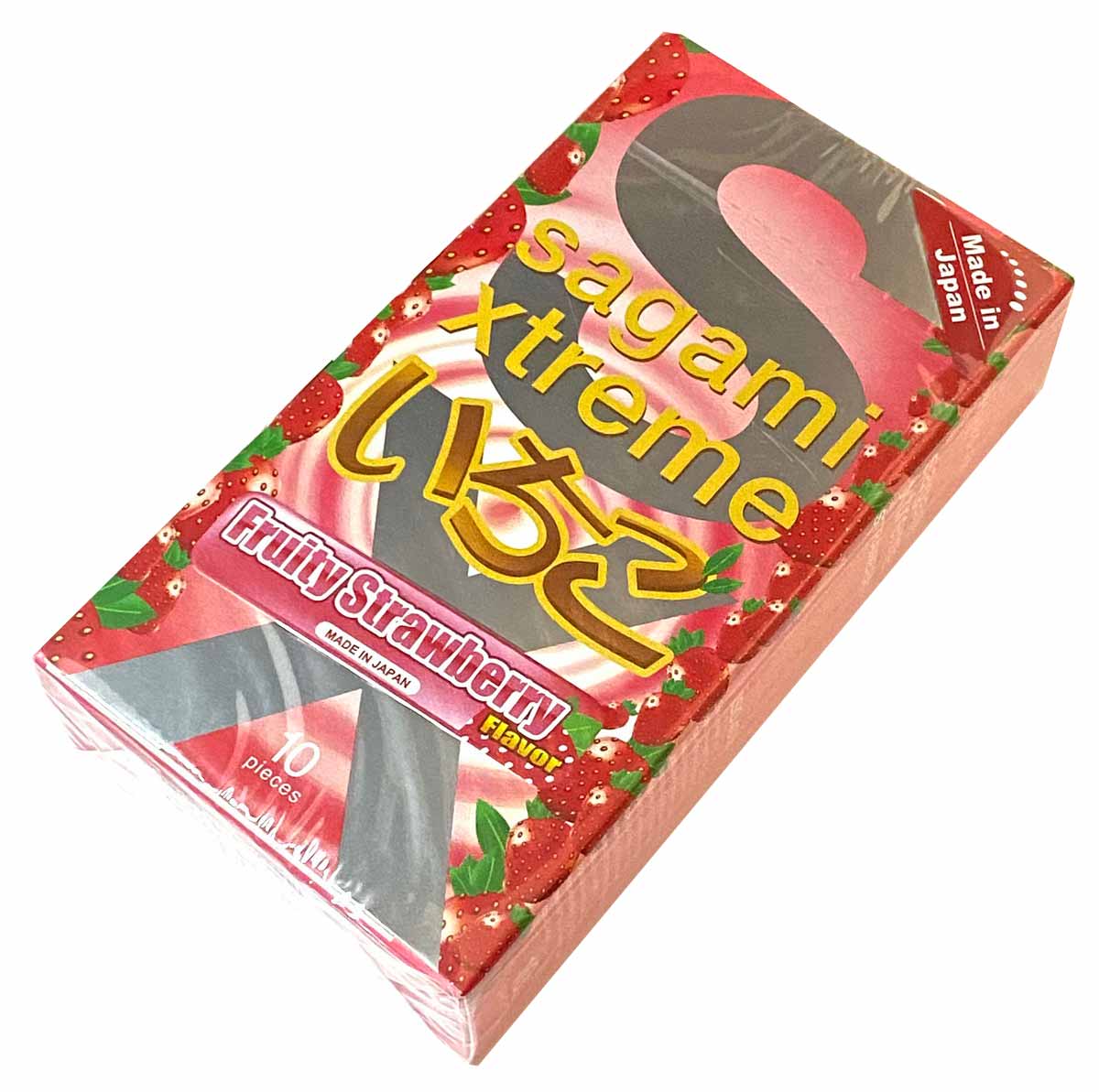 Ярко-красная коробка Sagami Xtreme Strawberry с клубникой, 10 презервативов