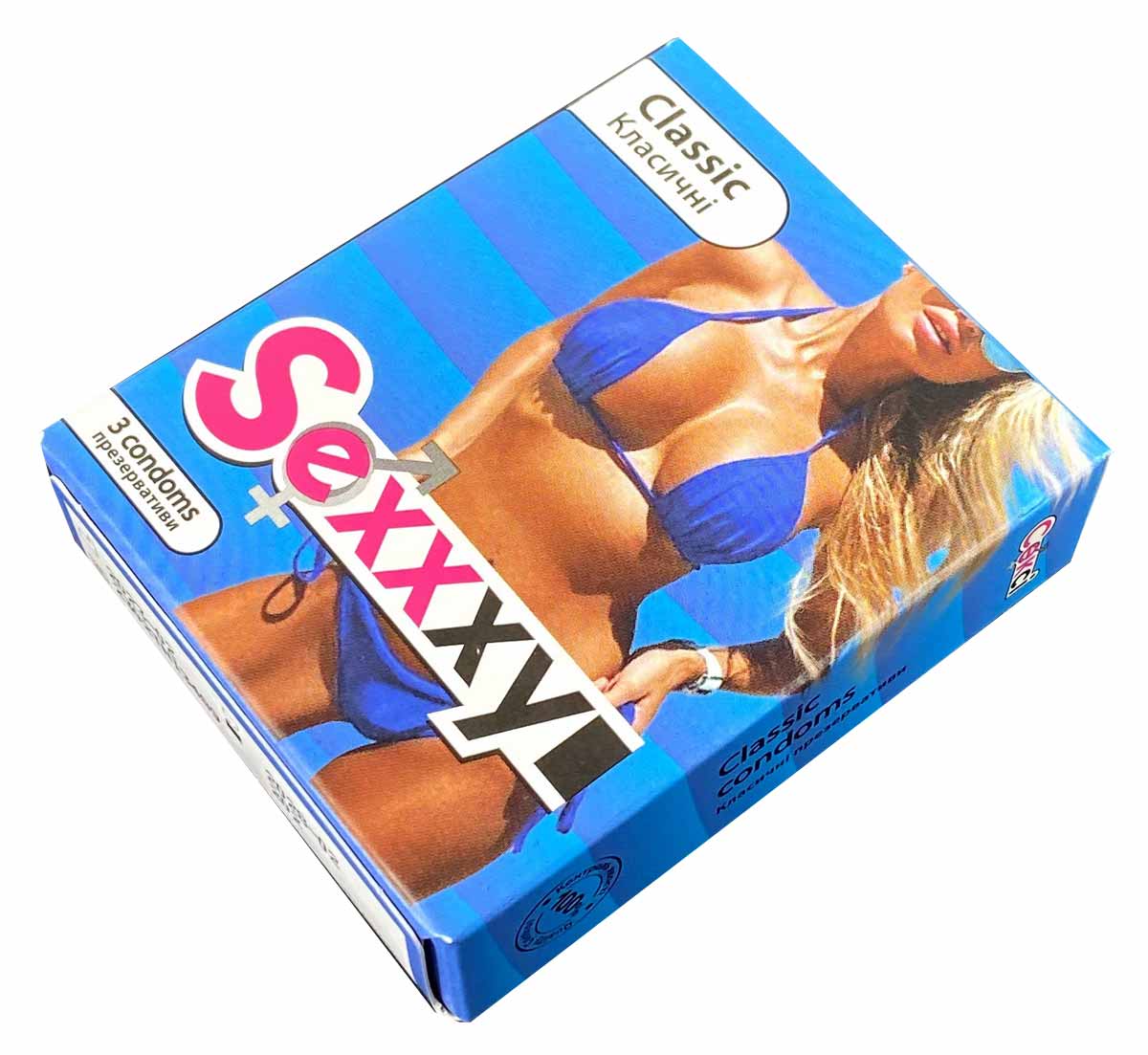 Упаковка синих презервативов Sexxxyi Classic 3 шт с желтыми и красными элементами
