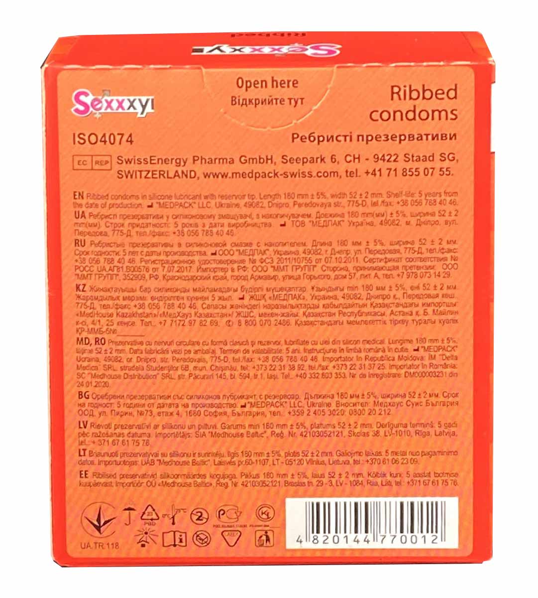 Черная упаковка с оранжевой надписью Sexxxyi Ribbed и обозначением 3 штуки