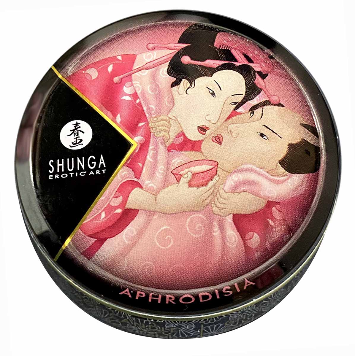 Чорна кругла банка з етикеткою Shunga Aphrodisia, об’єм 30 мл, рожеві акценти