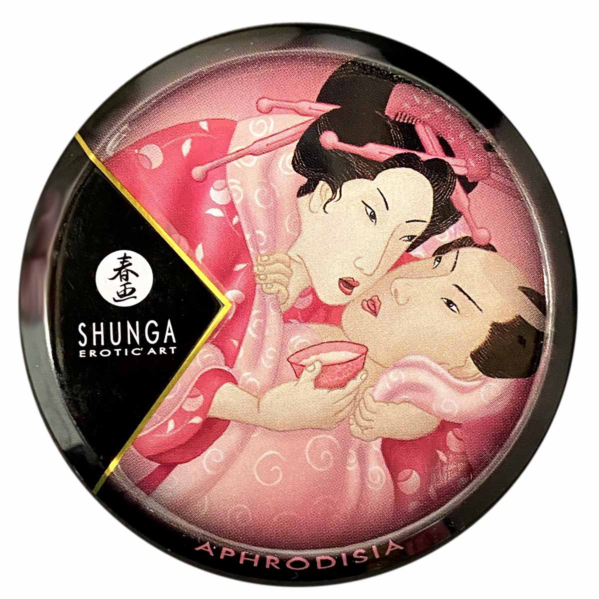 Чорна банка масажної свічки Shunga Aphrodisia з рожевими пелюстками та білим написом