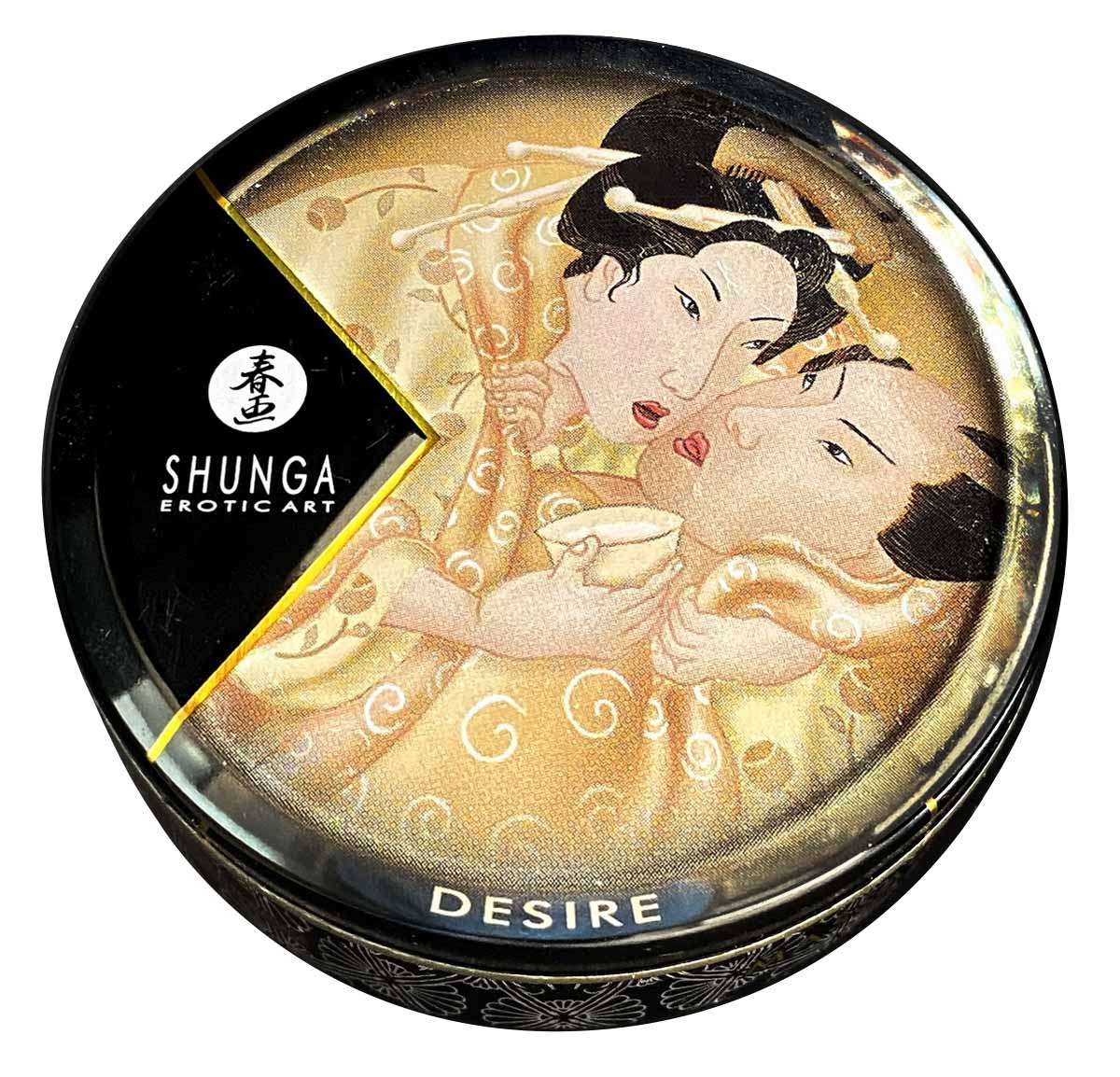 Чорний флакон з етикеткою Shunga Desire Vanilla 30мл на білому фоні