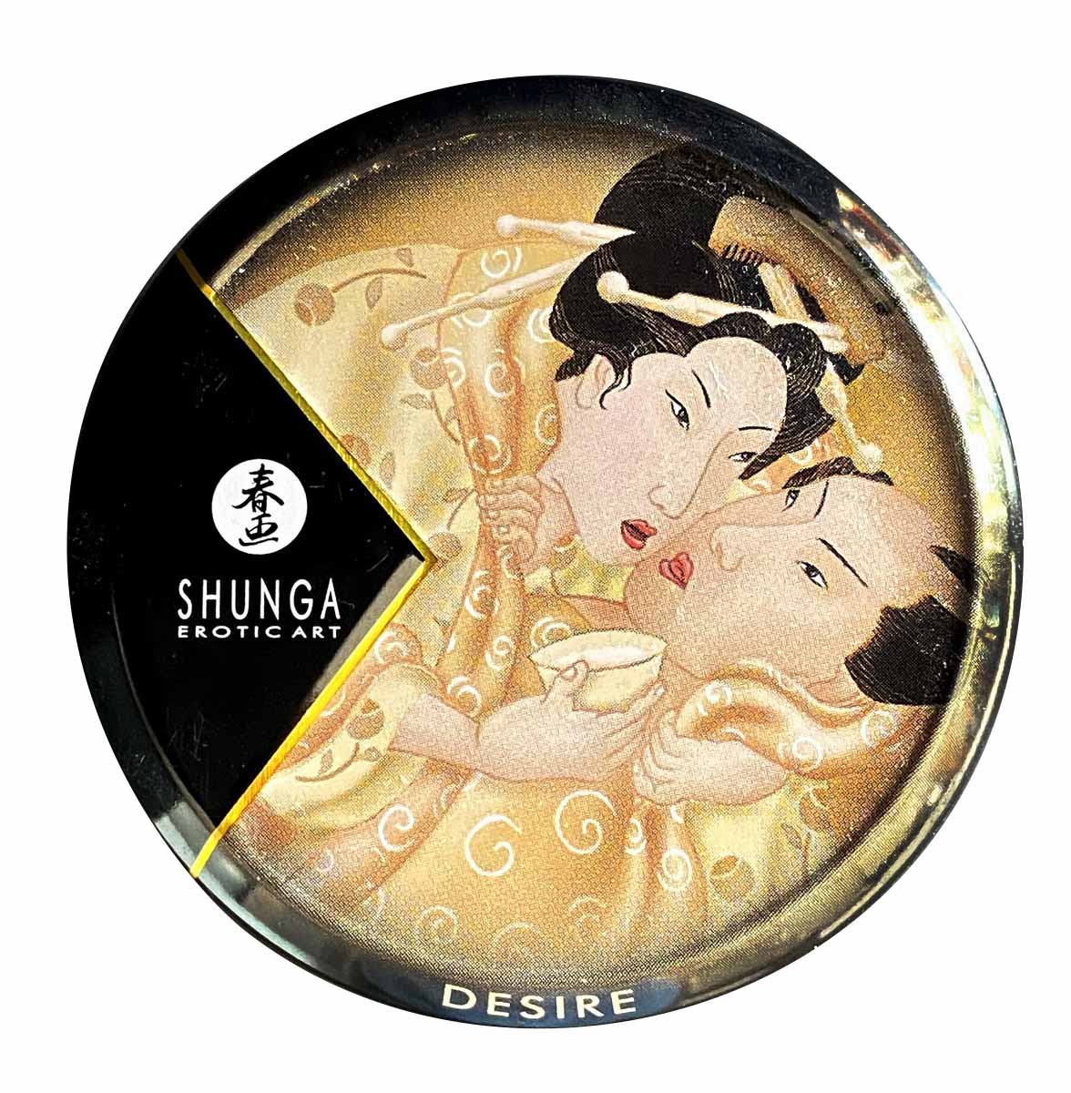 Чорна металева банка Shunga Desire з білою етикеткою та написом Vanilla 30ml