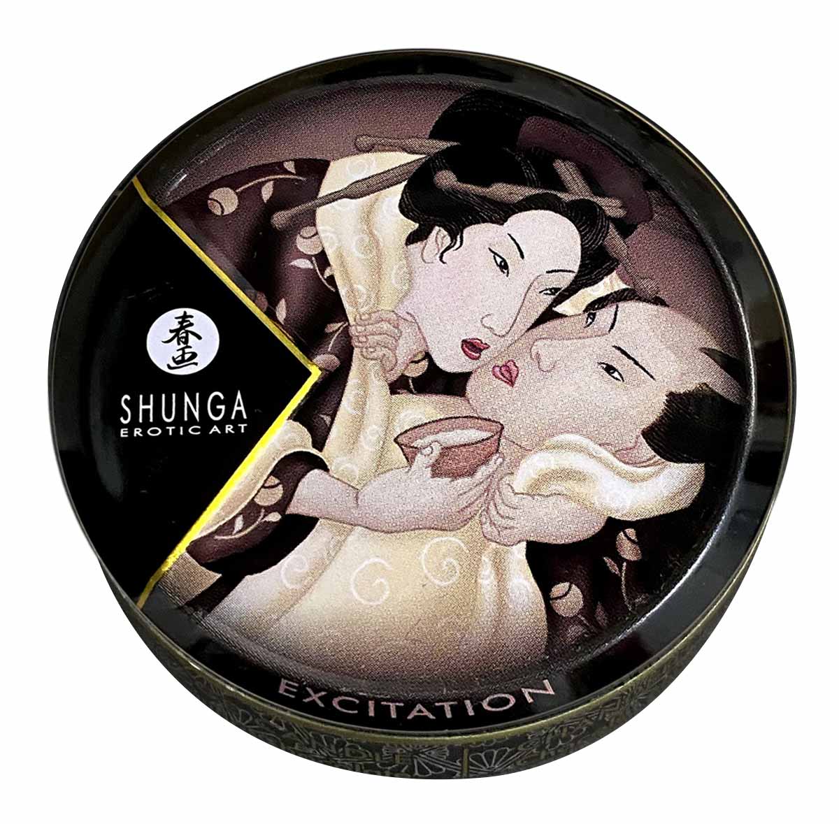 Чорна кругла банка з етикеткою Shunga Excitation 30 мл, шоколадний аромат