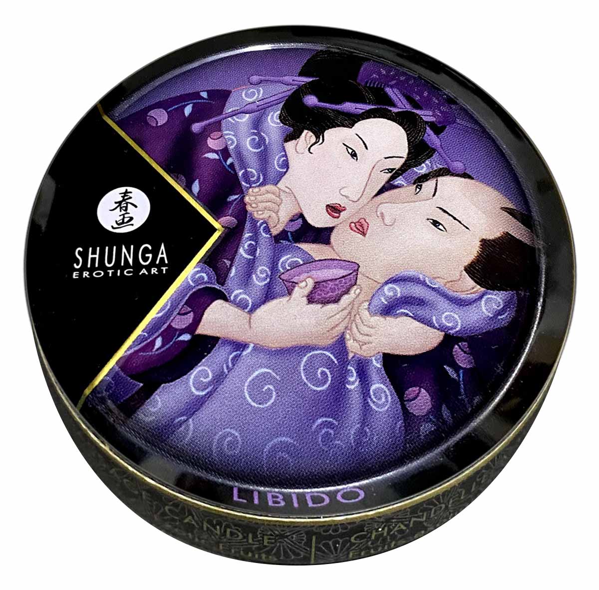 Чорна металева банка Shunga Libido з ілюстрацією пари і написом Exotic Fruits 30 мл