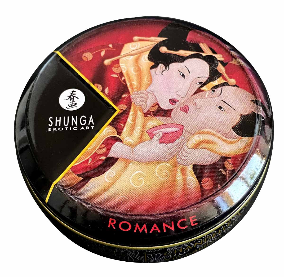 Чорна банка з етикеткою Shunga, ілюстрація пари, об?єм 30 мл, полуничне шампанське